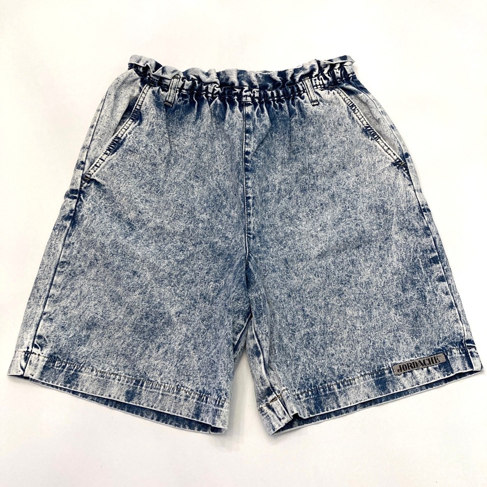 Jordache 80s Acid Wash Jean Shorts Blue Elastic Paperbag 28" Waist Vtg Womens 12